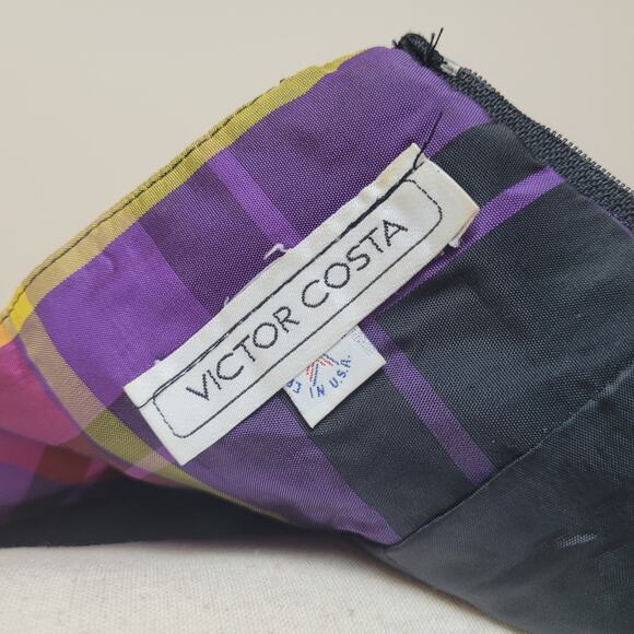 VTG Victor Costa Dress Womens 2 XS Velvet Plaid Strapless Bow Party Colorful 80s - Picture 9 of 13